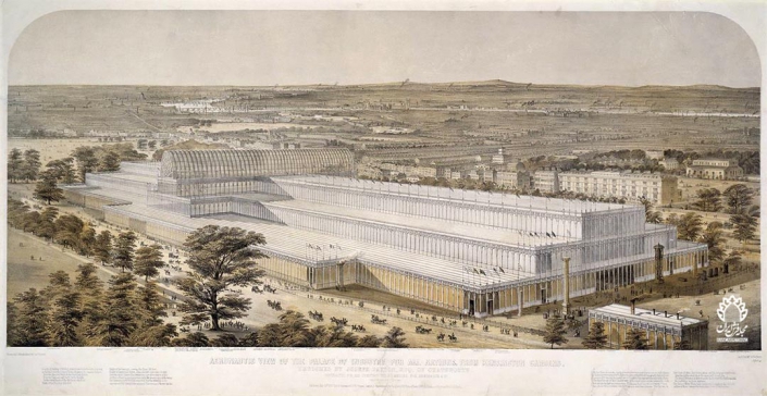 نمای هوایی از کاخ کریستال، کنزینگتون، چاپ چارلز برتون، ۱۸۵۱ ، انگلستان. منبع: موزه و یکتوریا آلبرت