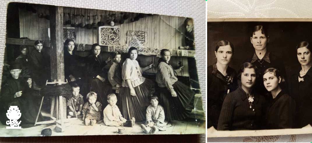 چپ: پاتسا استویانوا یاکیمووای چهارساله به همراه مادرش در کارگاه بافت فرش؛ او از کودکی در کارگاه بافت فرش رشد کرده بود راست: پاتسا استویانوا یاکیمووای جوان به همراه بافندگان جوان کارگاه «فرش ایرانی»، دهه 1960م