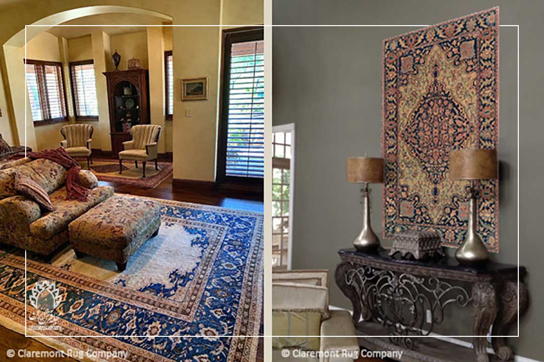 چپ: این فرش دستباف بخشایش (1860) با رنگ‌های شتری و نیلی فضای عمیقی برای اتاق‌خواب به وجود آورده است راست: فرش دستباف فراهان-ساروق (سده 19م) که به دیوار آویزان شده با رنگ شتری و نیلی، نور طبیعی محیط را به‌آرامی بازتاب می‌دهد