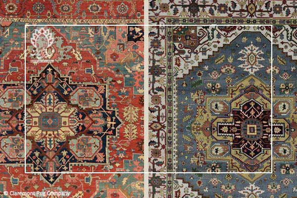 سمت چپ فرش دستباف سراپی ایرانی، اواخر سده 19م با رنگ‌های زنده و شفاف سمت راست فرش مدرن رومانی به تقلید از نقشه‌های سراپی ایرانی با رنگ‌های کدر و بی‌جان